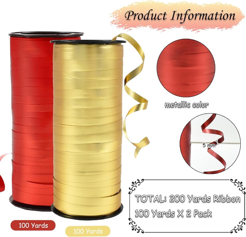 BEISHIDA Red and Gold Curling Ribbons Balloon String Ribbons - 2 Pack 100 Yards for Gift Warppping Birthday Christmas Party Decorations - Image 2